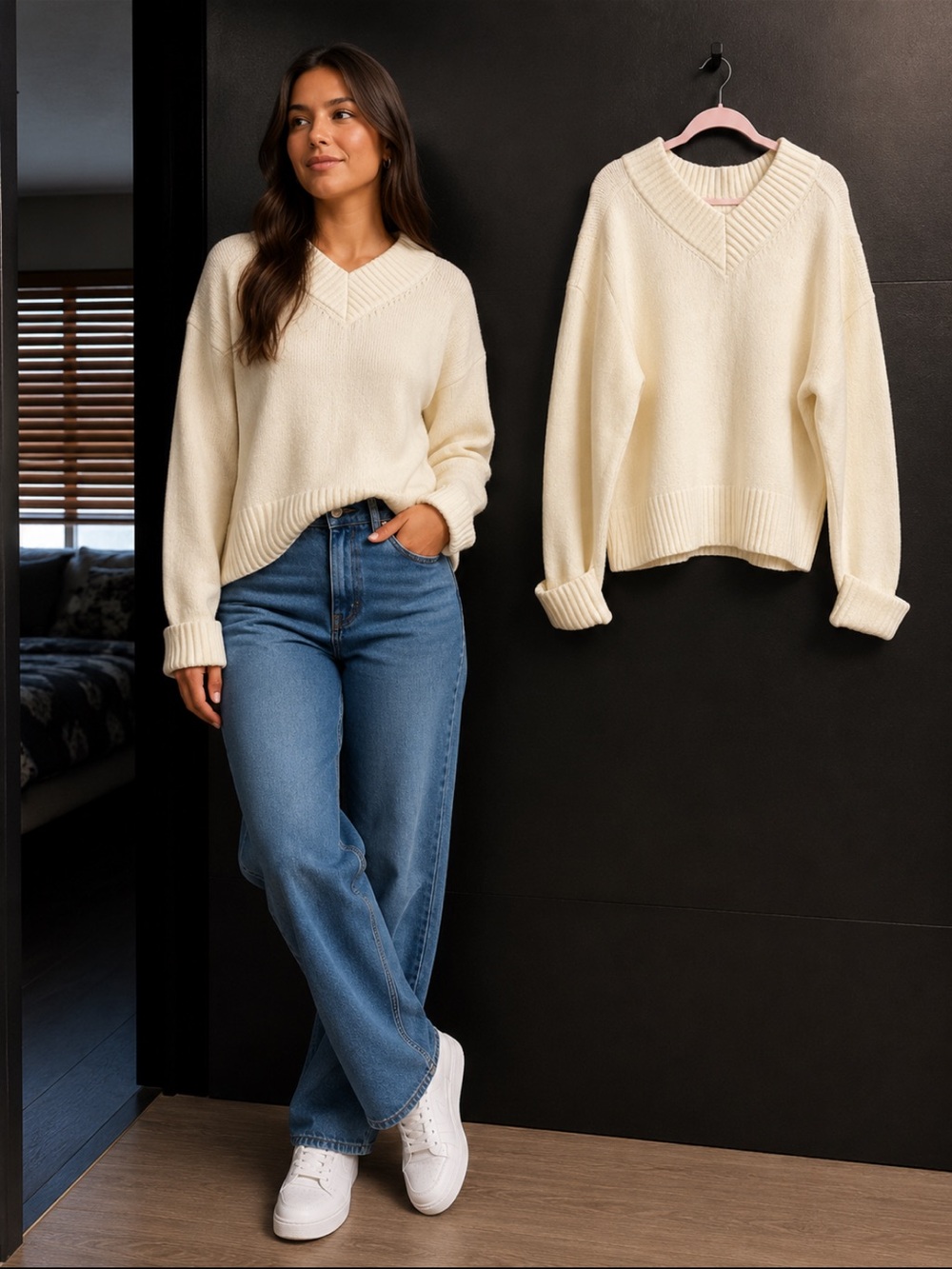 a new day Cream V-Neck Sweater - Relaxed Rib Trim